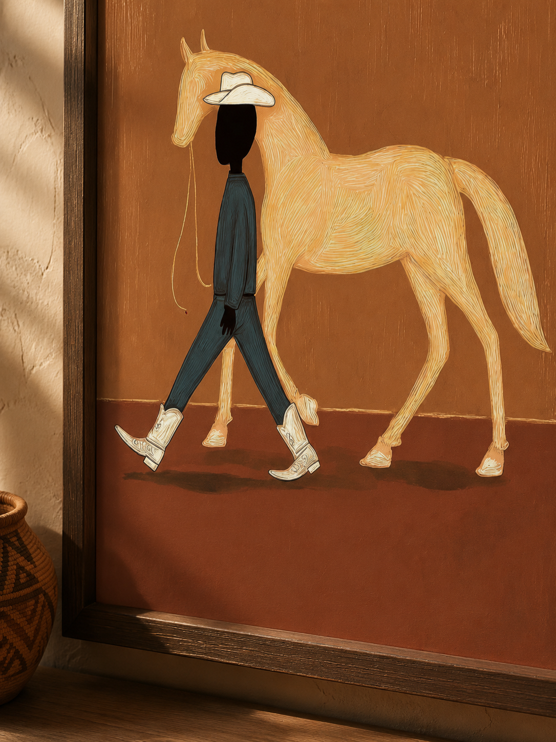 Minimalist Cowboy And Horse Painting Abstract Textured Wall Art For Modern Home Decor