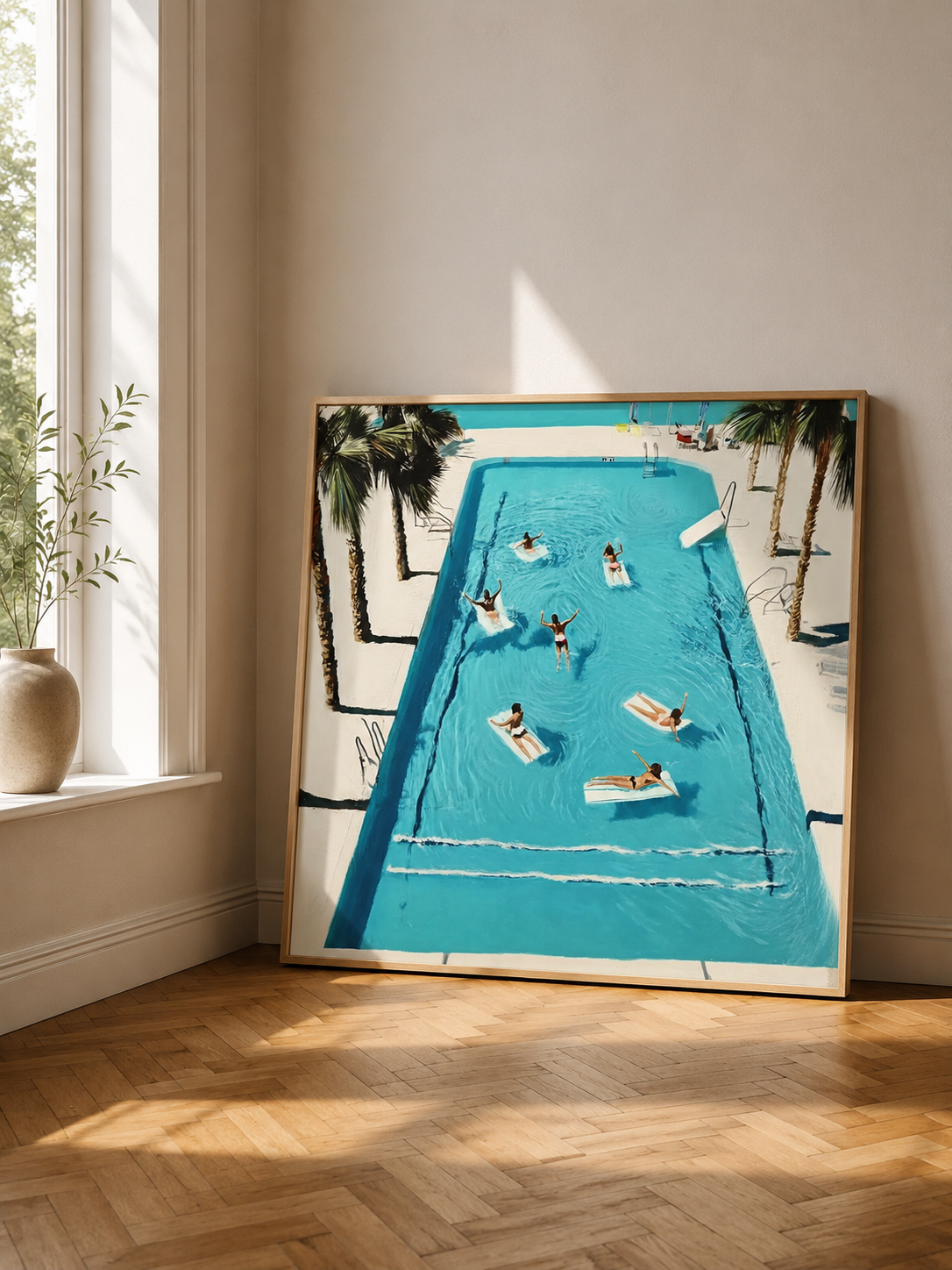 Vintage Swimming Pool Oil Painting With Palm Trees For Retro Bedroom Wall Art Decor