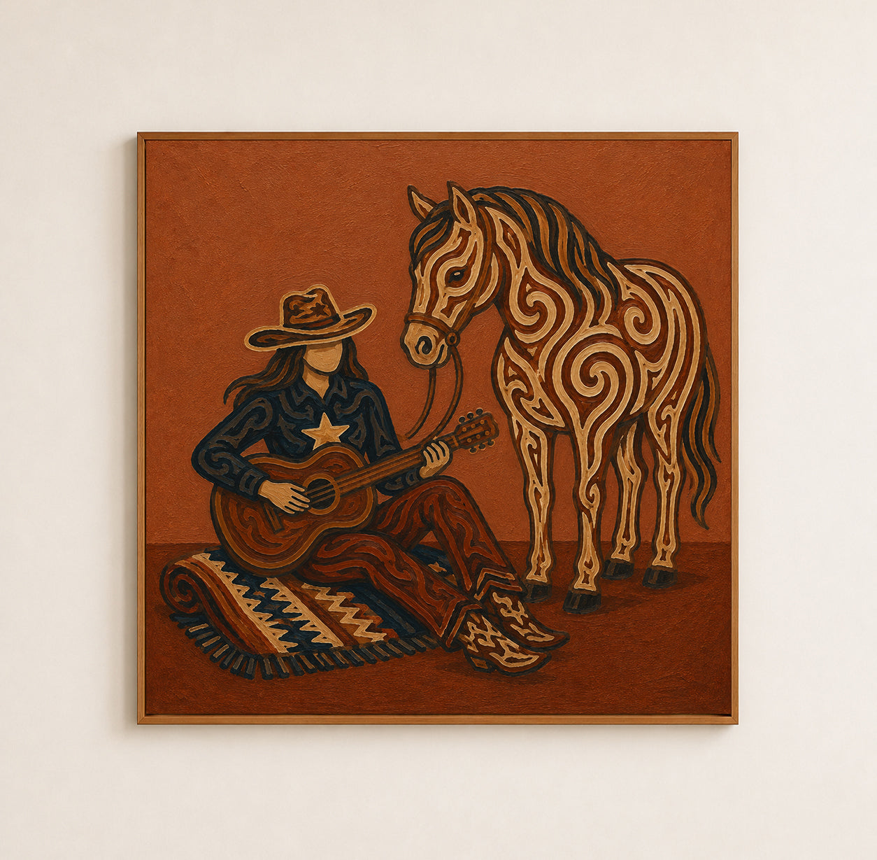 Cowgirl With Horse Guitar Art, Western Music And Horse Painting, Rustic Ranch Style For Living Room Decor