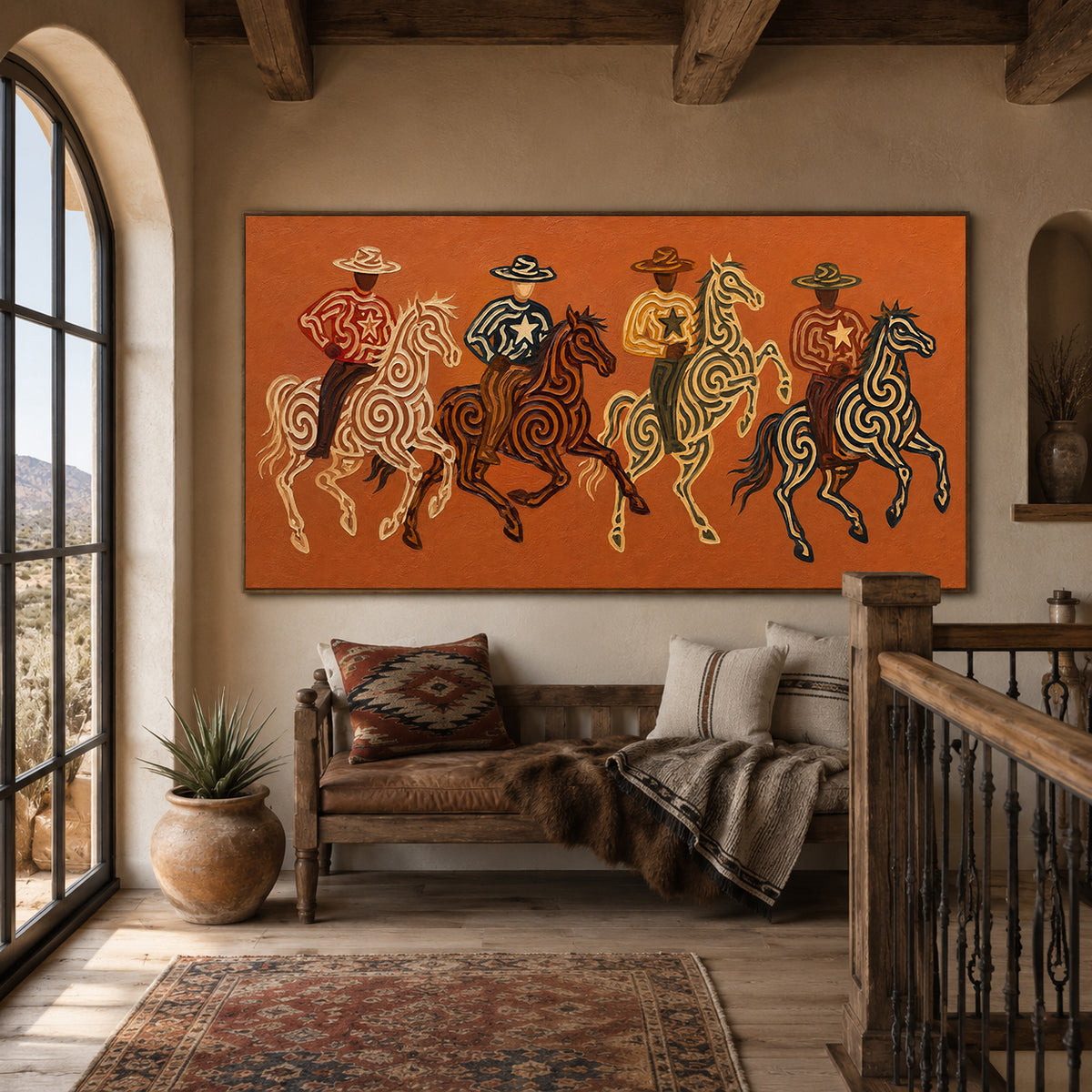 Panoramic Four Cowboy Riders Painting, Terracotta Western Horse Art, Southwestern Ranch Decor