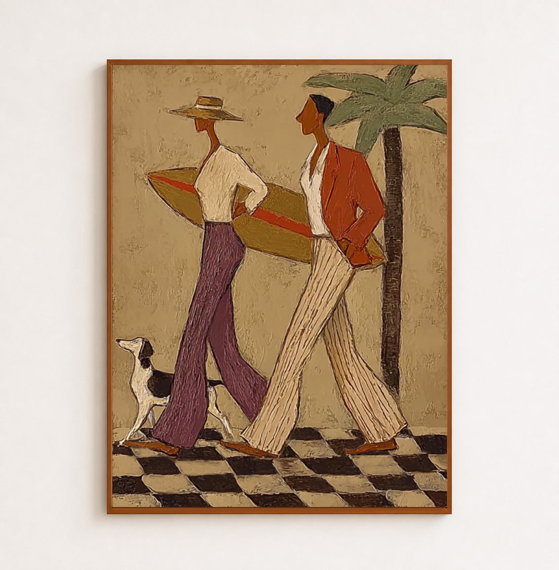 Retro Coastal Couple With Surfboard Canvas Art, Checkered Floor Palm Tree Wall Decor, Vintage Surfing Dog Painting