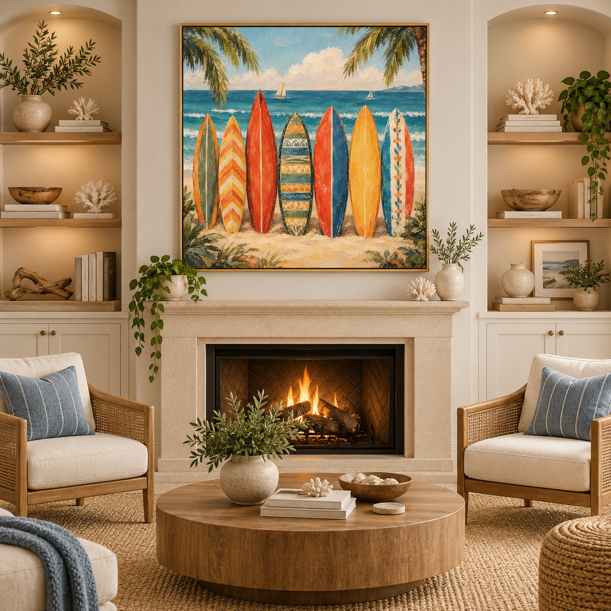 Colorful Vintage Surfboard Wall Art, Colorful Beach Oil Painting, Retro Boho Coastal Canvas