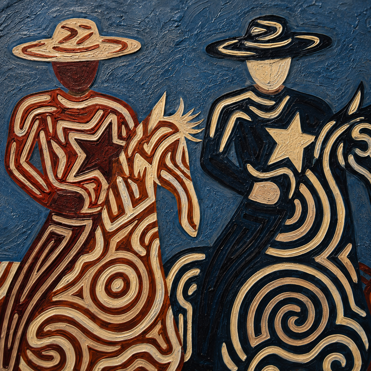 Four Cowboy Riders Painting, Navy Blue Western Horse Art, Southwestern Folk Wall Decor