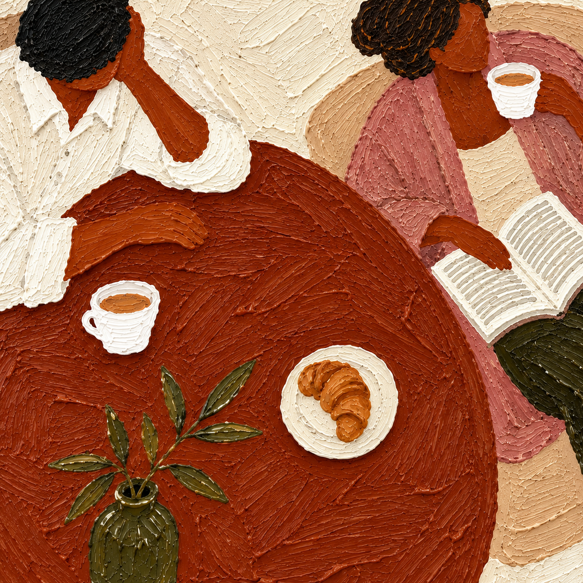 Vintage Couple Coffee Scene Hand-Painted Canvas Wall Art In Earth Tones
