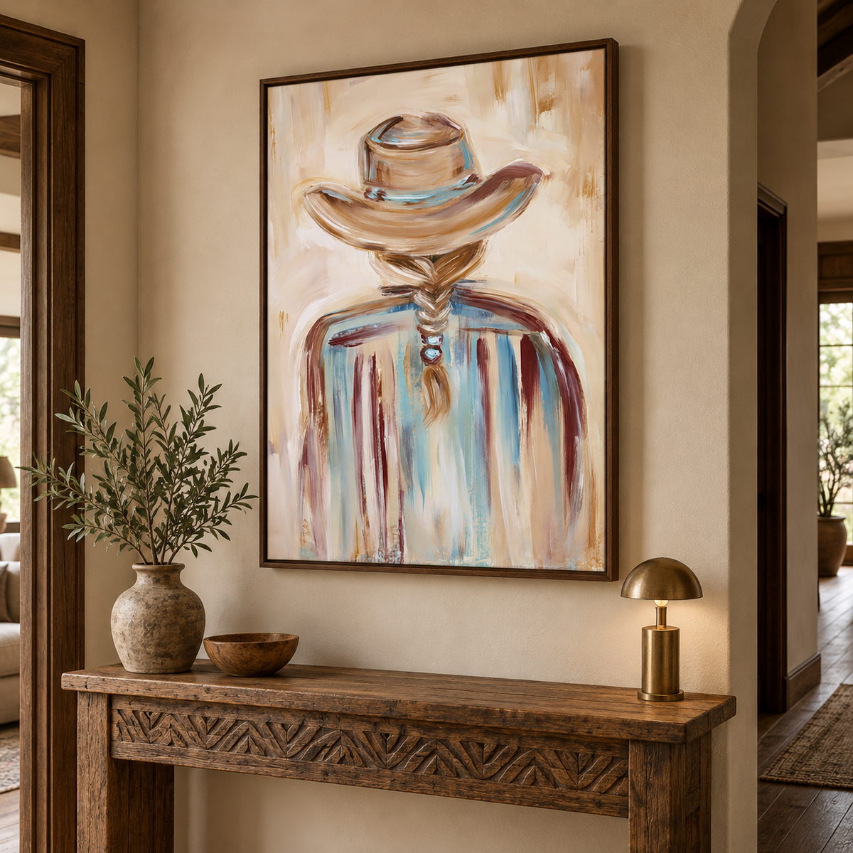 Cowgirl Back View Canvas Painting Hand-Painted Western Art In Beige And Blue