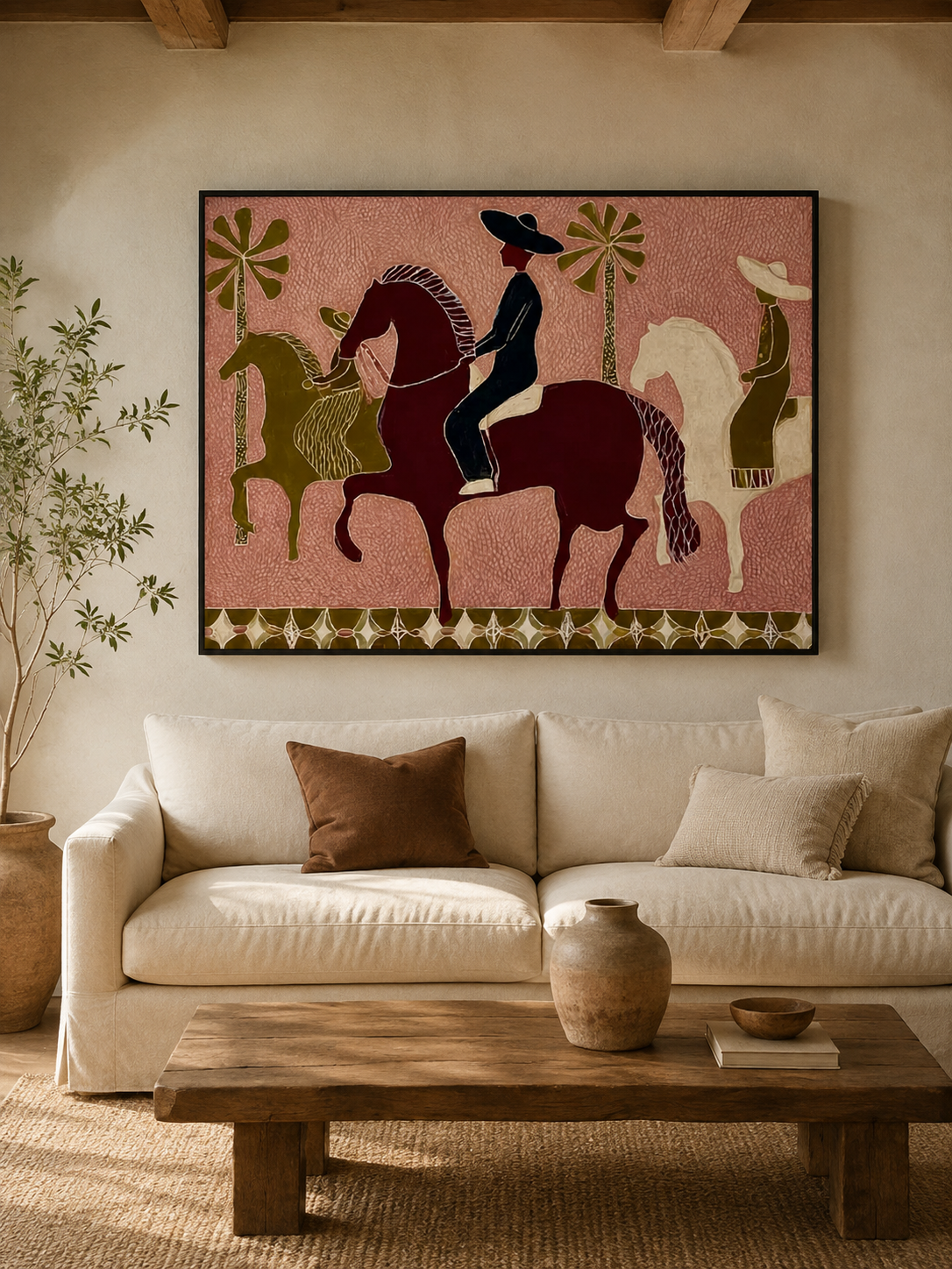 Vintage Folk Horse Art Original Painting With Textured Canvas For Rustic Home Decor