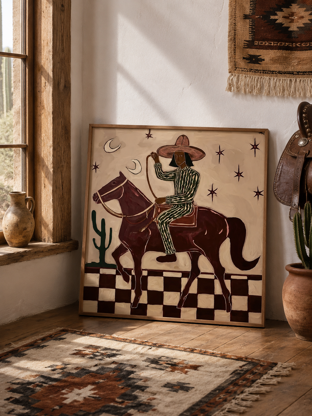 Figurative Horse And Rider Painting With Checkerboard Ground In Earth Tones