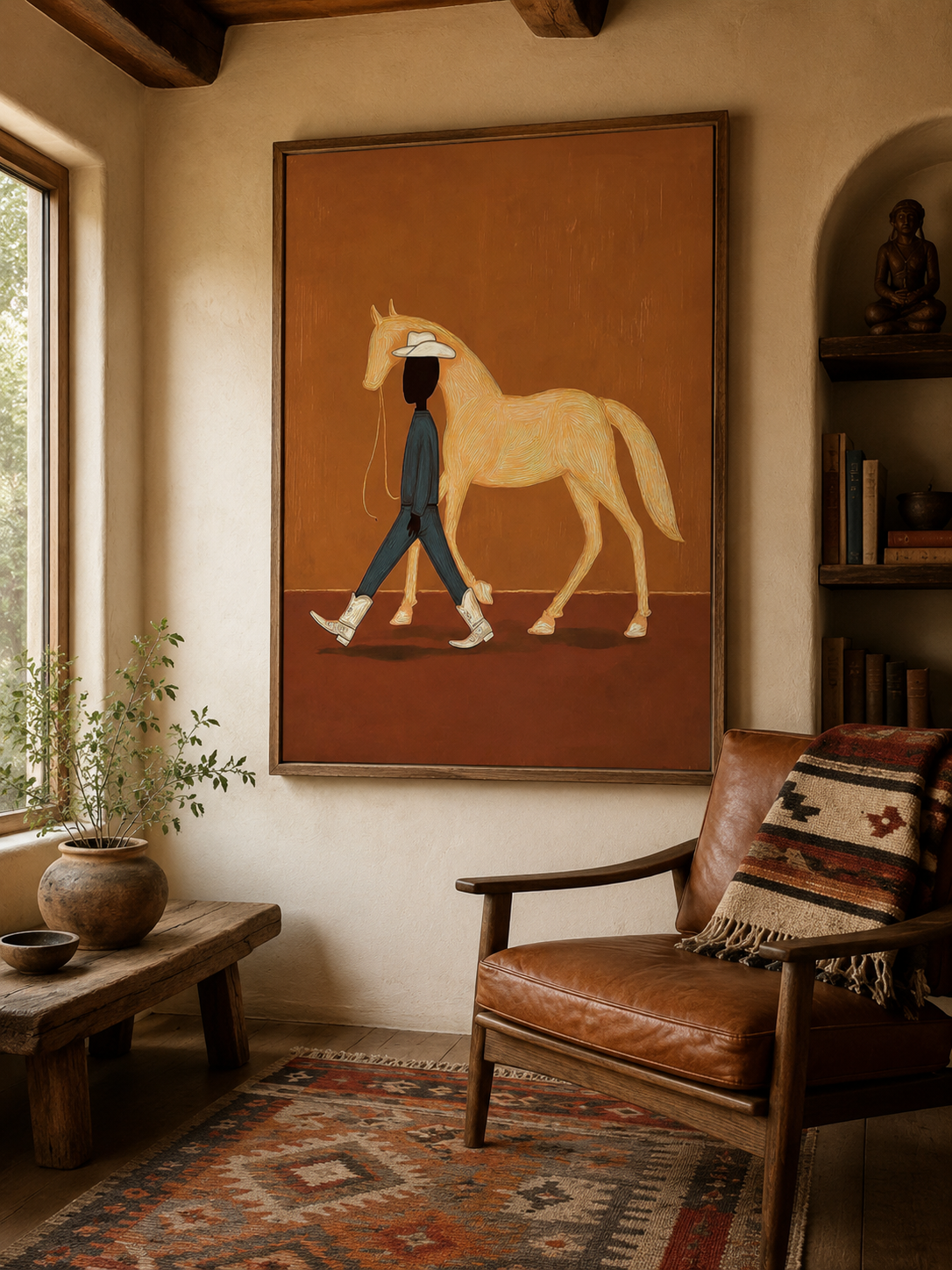 Minimalist Cowboy And Horse Painting Abstract Textured Wall Art For Modern Home Decor