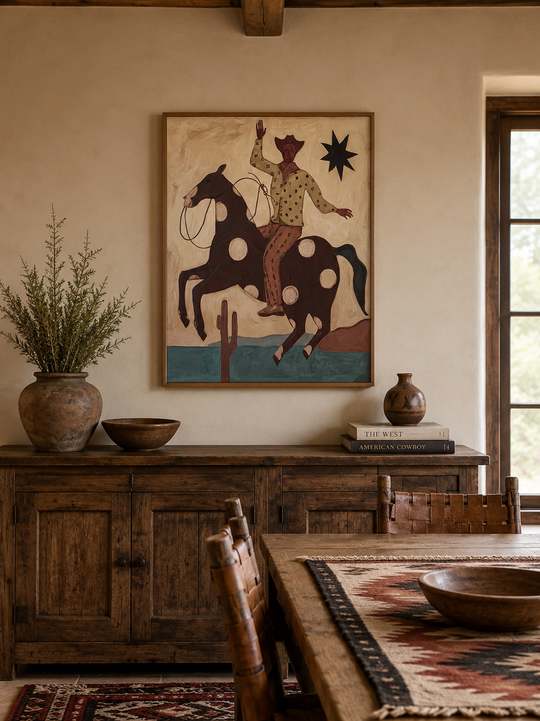 Figurative Cowboy Painting With Spotted Horse And Desert Landscape In Retro Vintage Style