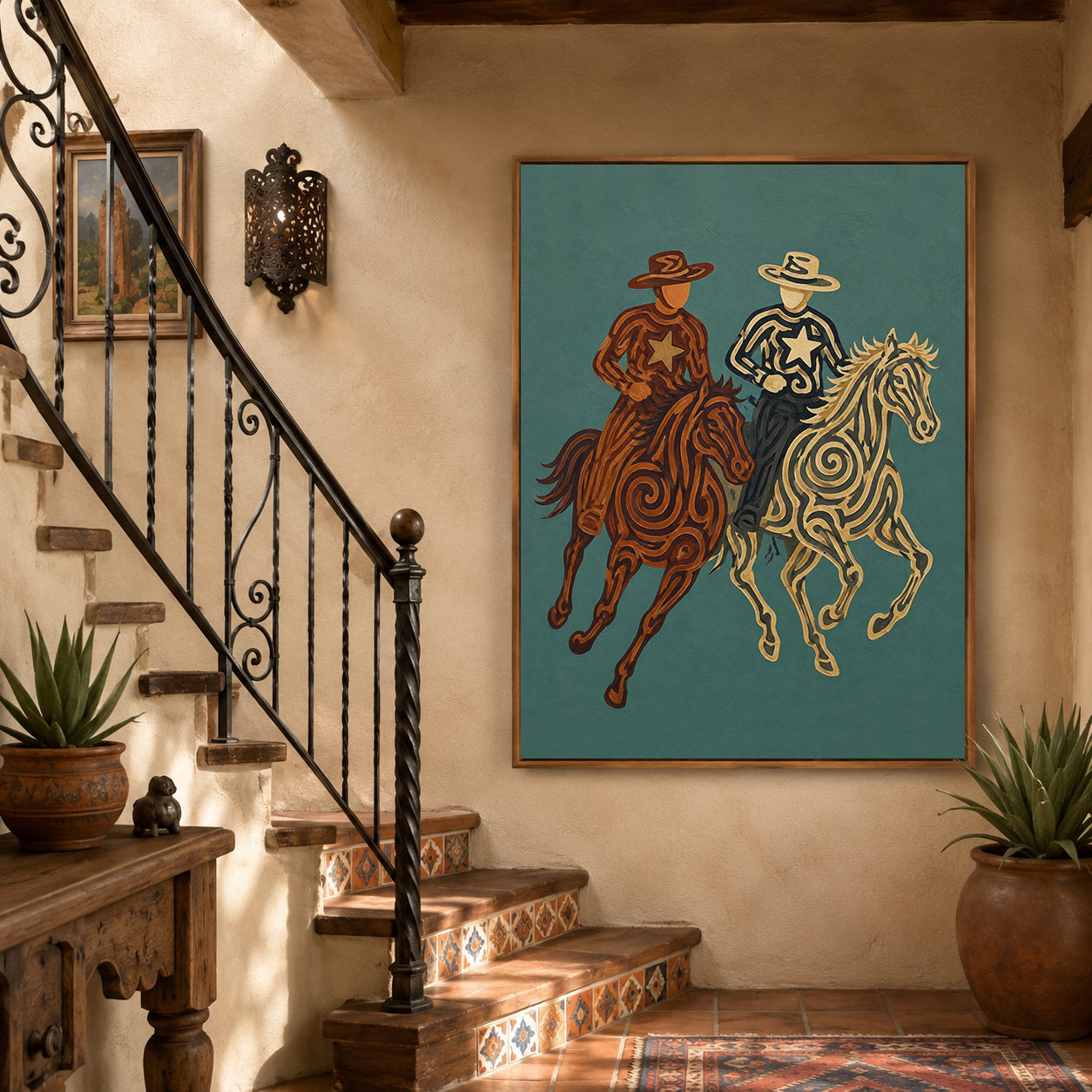 Rustic Cowboy Horse Painting, Teal Western Riders Wall Art, Southwestern Folk Decor