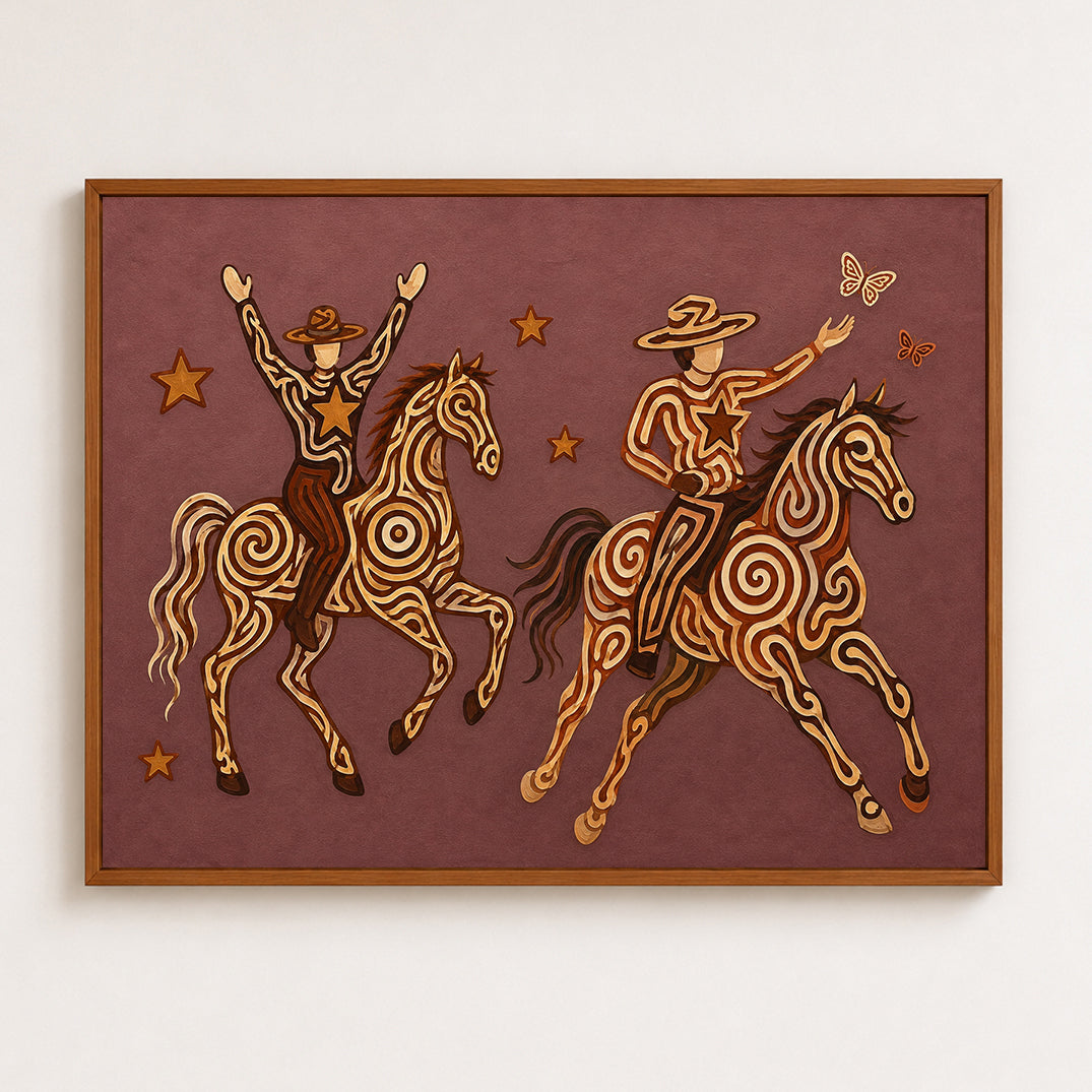 Whimsical Cowboy Cowgirl Painting, Pink Western Horse Art, Southwestern Folk Decor