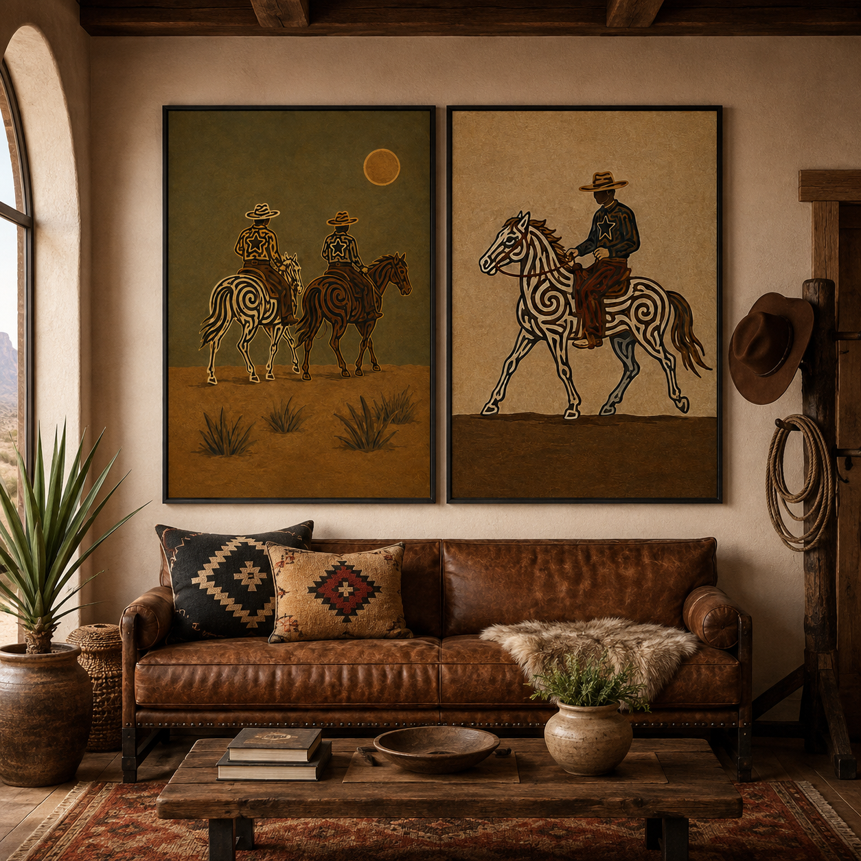 Vintage Sunset Desert Western Wall Art Set Of 2, Cowboy Riding Canvas Painting, Earth Tone Rustic Home Decor