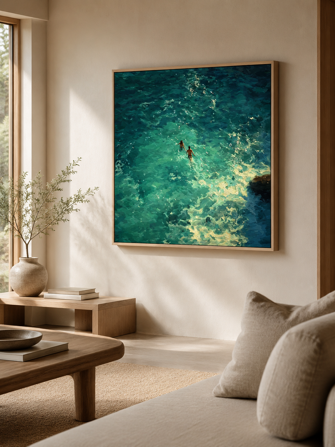 Emerald Ocean Swimmers Square Canvas Art For Beach House Wall Decor