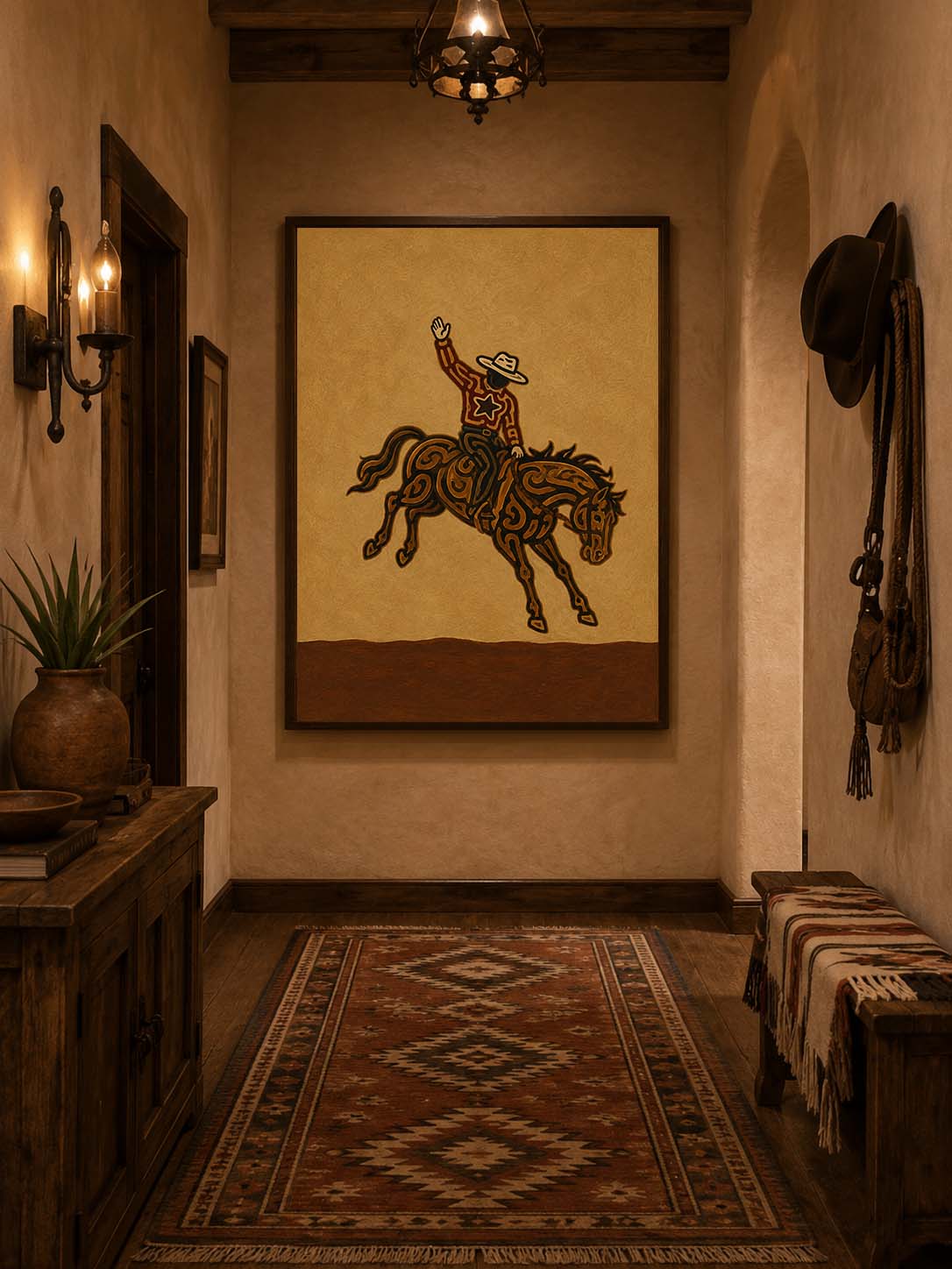 Rodeo Cowboy Painting, Bucking Horse Western Wall Art, Rustic Southwestern Ranch Decor