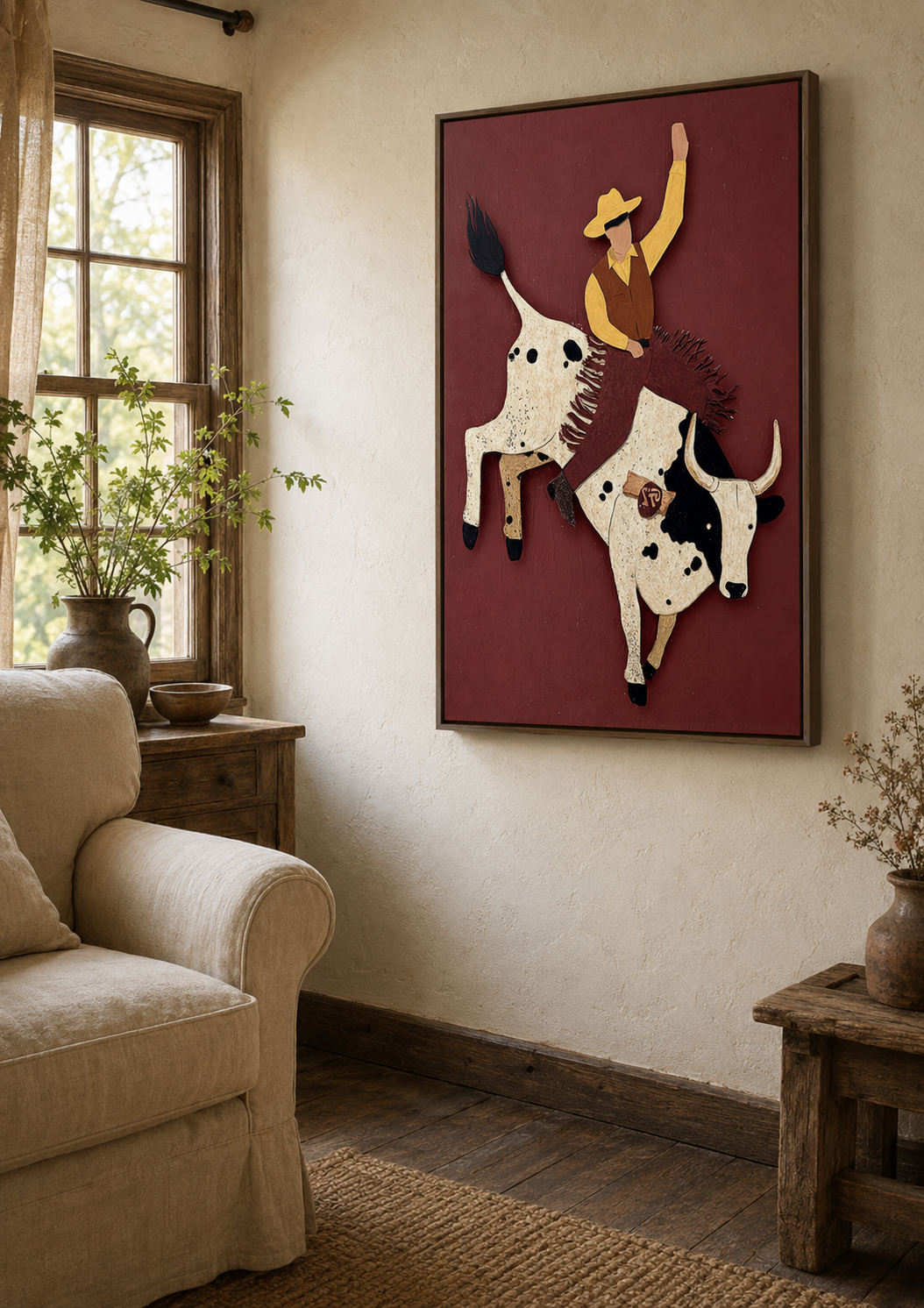 Bold Rodeo Bull Rider Abstract Art For Man Cave Office Wall Decor In Earth Tones
