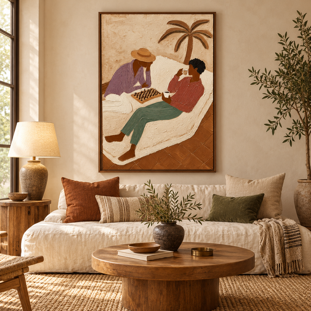 Figurative Chess Painting With Palm Tree And Coffee For Wall Decor