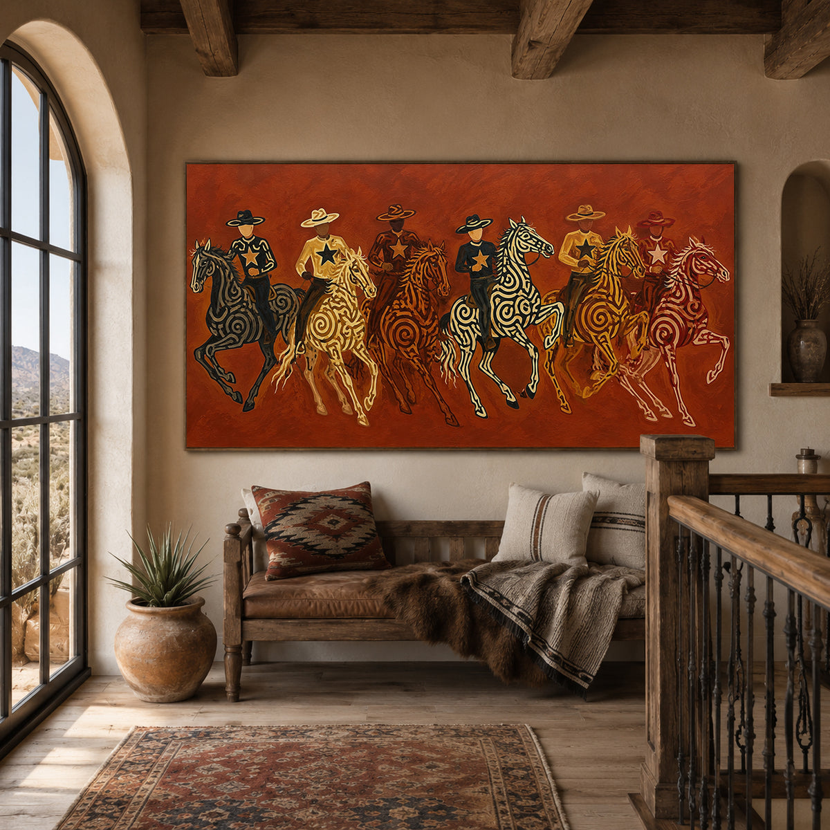 Panoramic Cowboy Horsemen Painting, Terracotta Western Riders, Rustic Ranch Wall Art