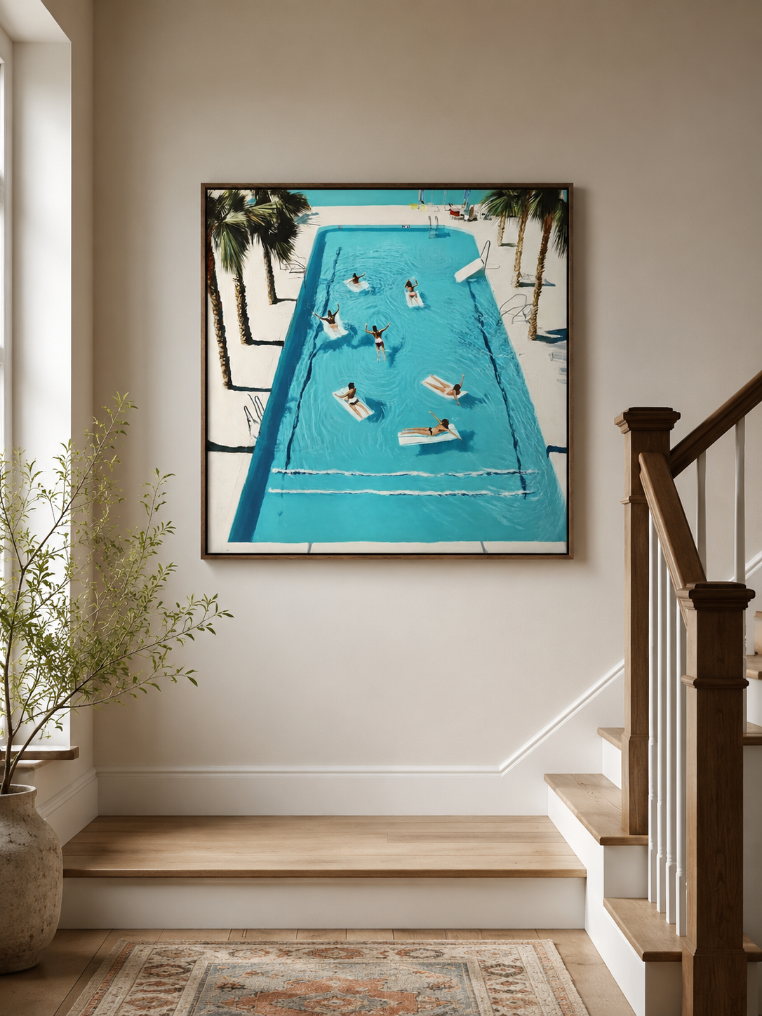 Vintage Swimming Pool Oil Painting With Palm Trees For Retro Bedroom Wall Art Decor