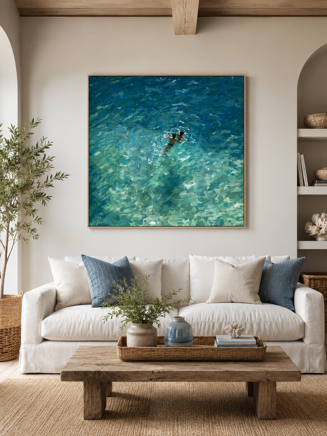Couple Swimming In Clear Sea Oil Painting Modern Beach Wall Art For Living Room Decor