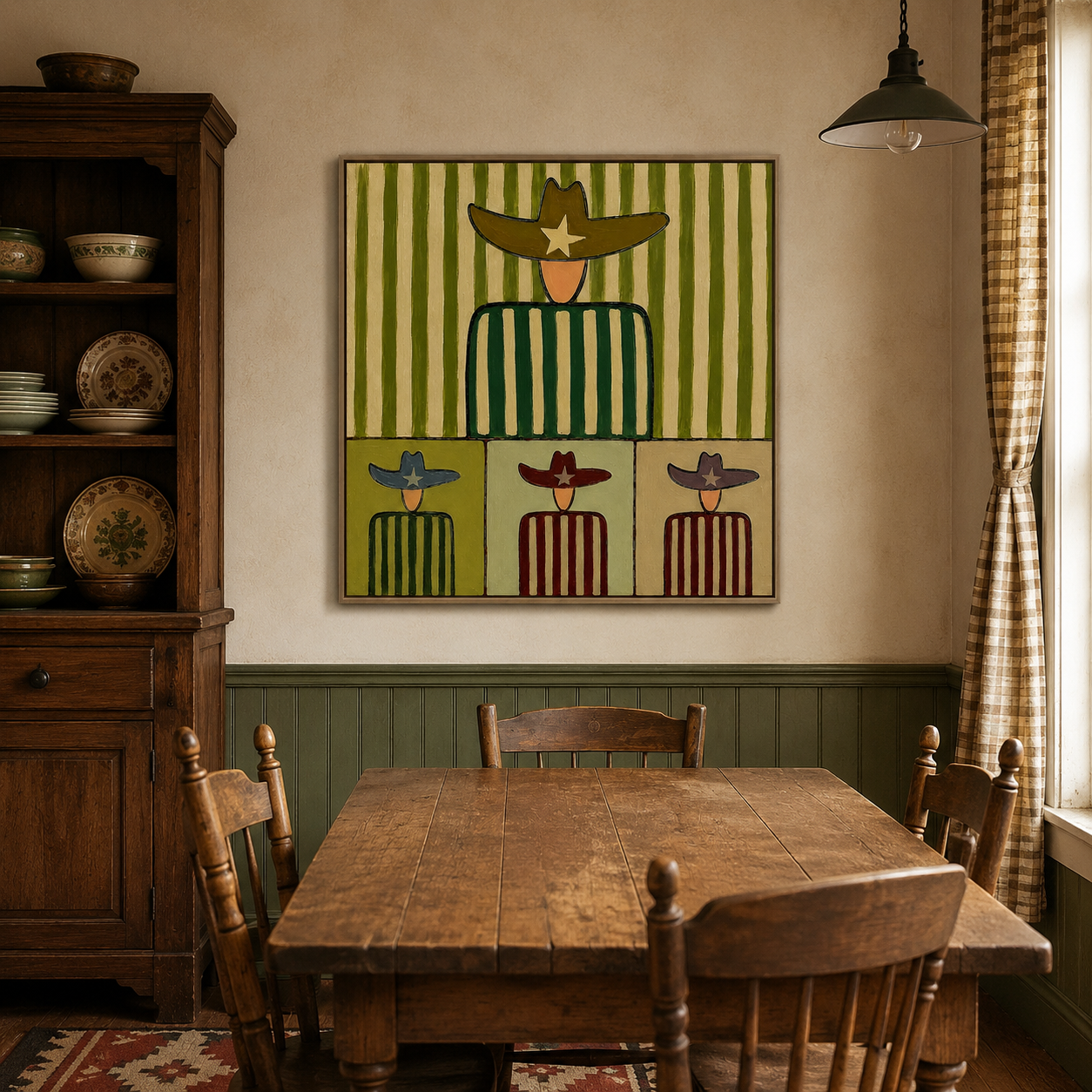 Abstract Cowboy Painting With Green Stripes For Modern Living Room Decor