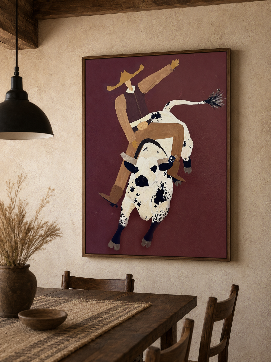 Modern Rodeo Bull Art For Man Cave Western Decor Minimalist Cowboy Painting