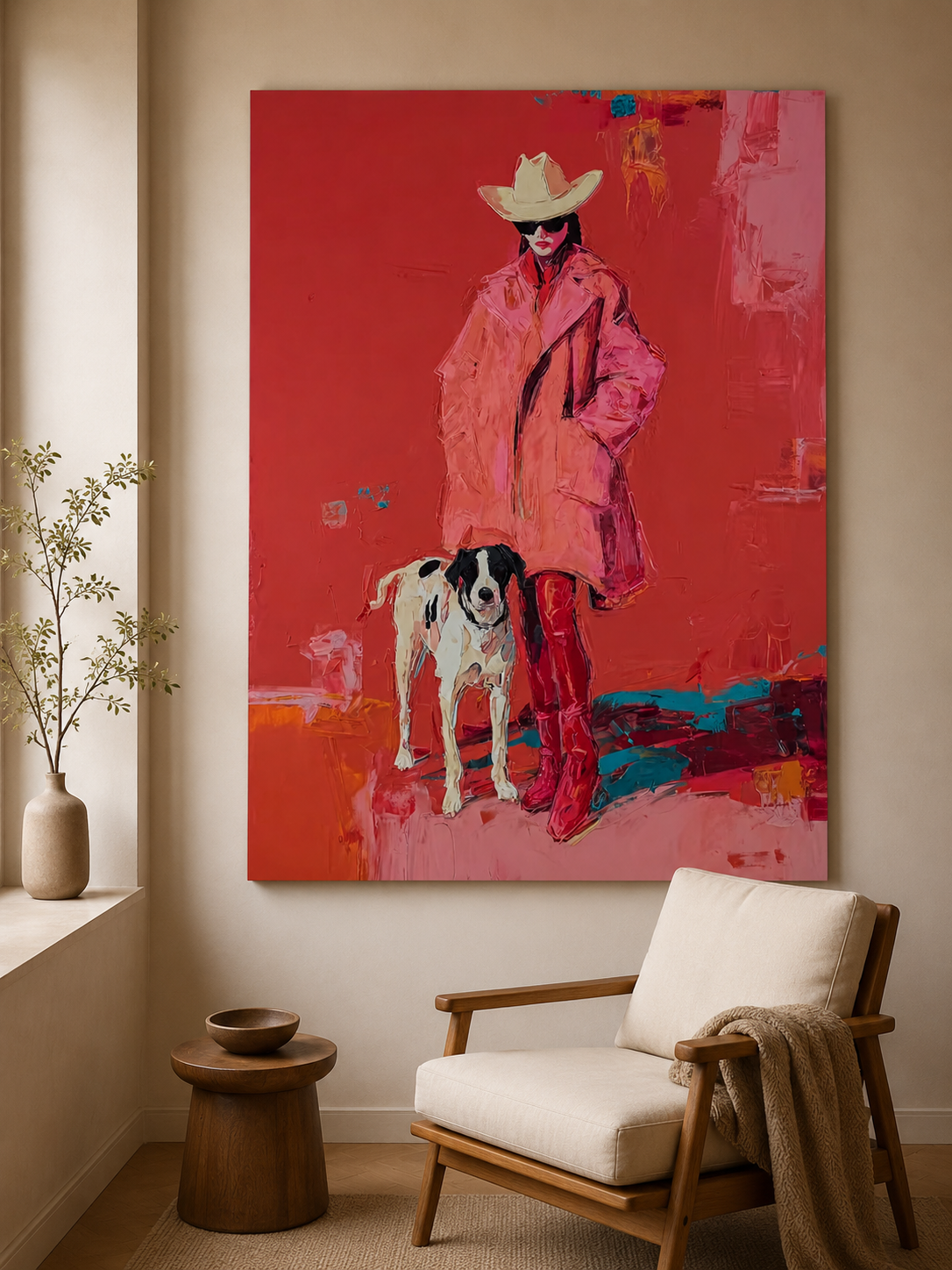 Bold Pop Art Canvas Featuring Stylish Woman With Spotted Dog In Vibrant Red Colors