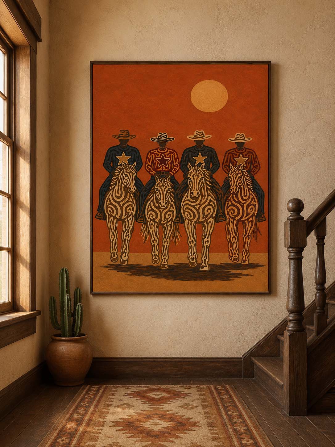 Cowboy Riders Oil Painting, Burnt Orange Western Wall Art, Rodeo Ranch Hand Painted Decor
