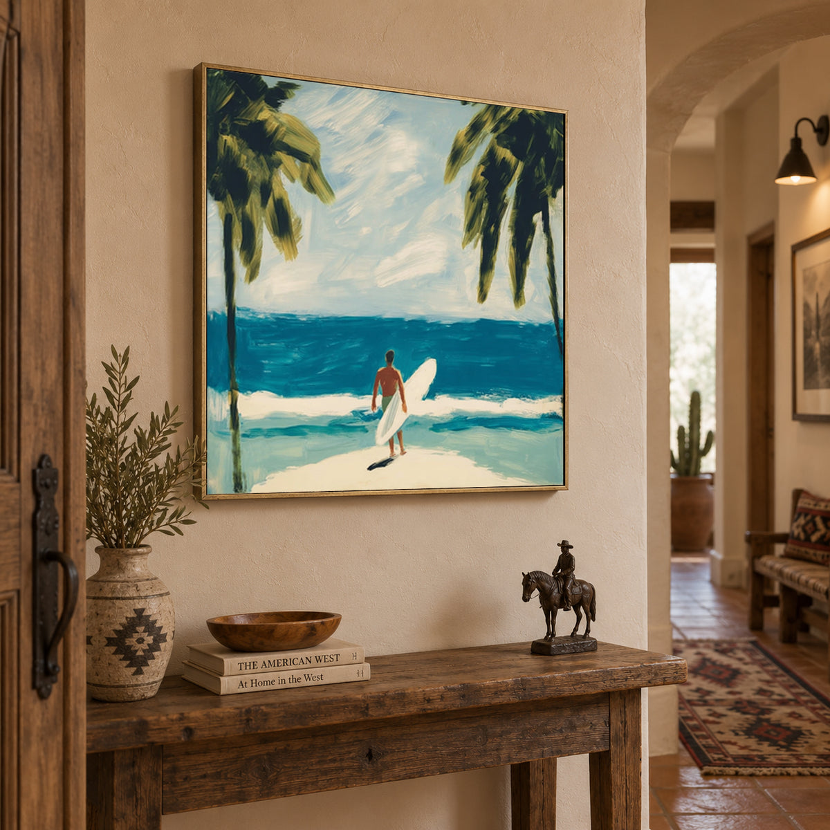 Surfer And Palm Trees Beach Canvas Painting Blue Ocean Wall Art