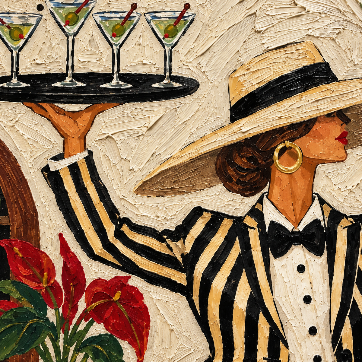 Vintage Waitress Canvas Painting With Cocktails And Tropical Bar Scene