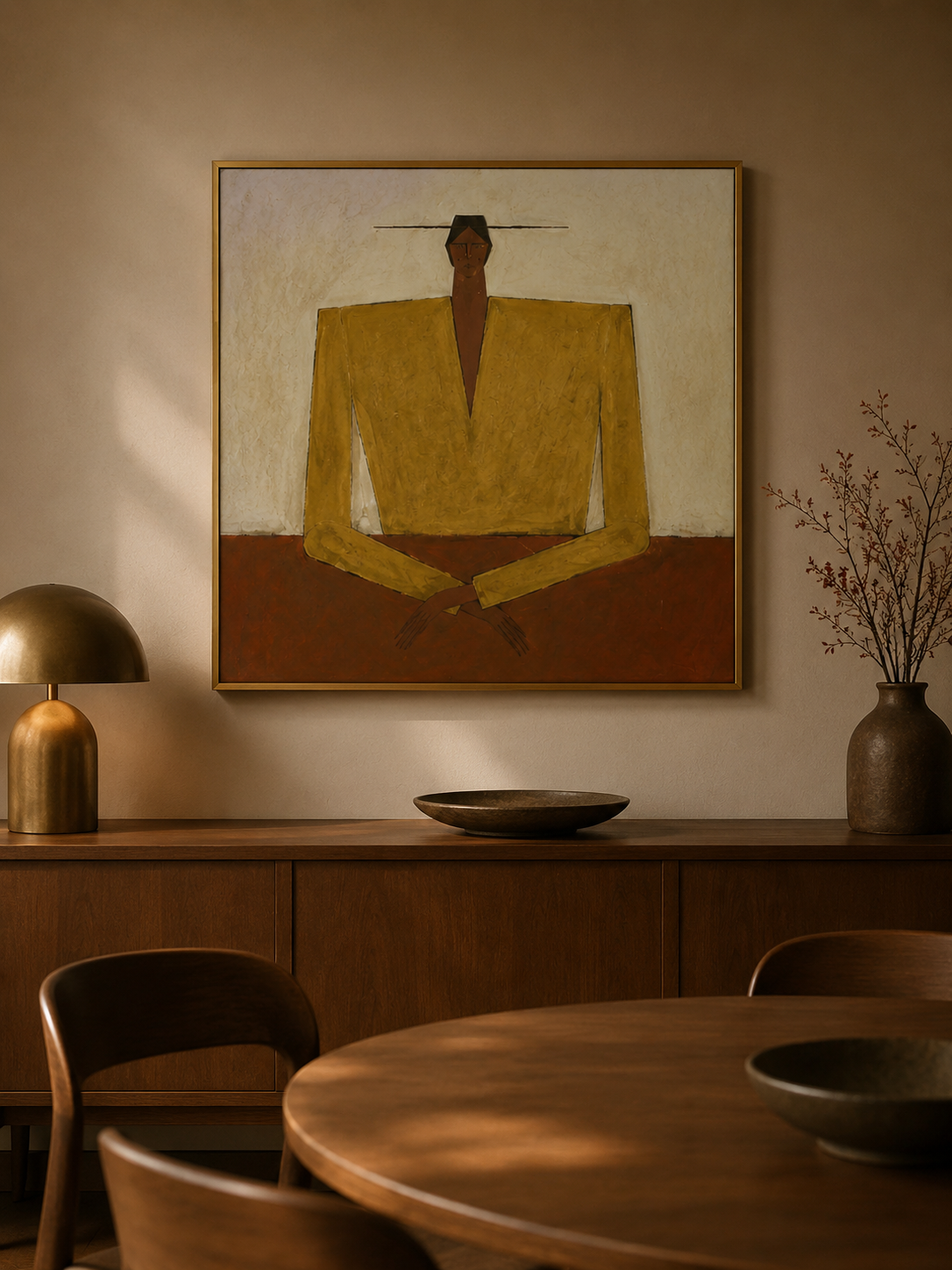 Abstract Figurative Oil Painting In Earth Tones For Mid Century Modern Home Decor