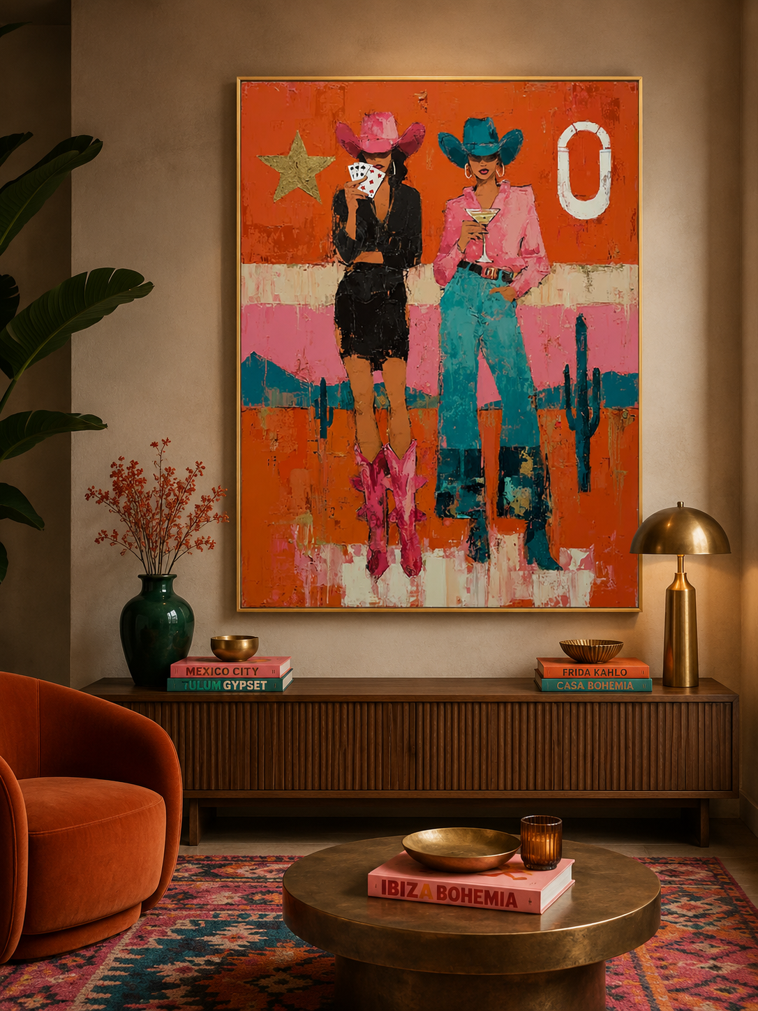 Vibrant Pop Art Painting Of Two Women In Cowboy Hats Unique Wall Decor