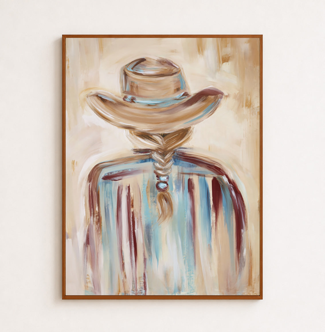 Cowgirl Back View Canvas Painting Hand-Painted Western Art In Beige And Blue