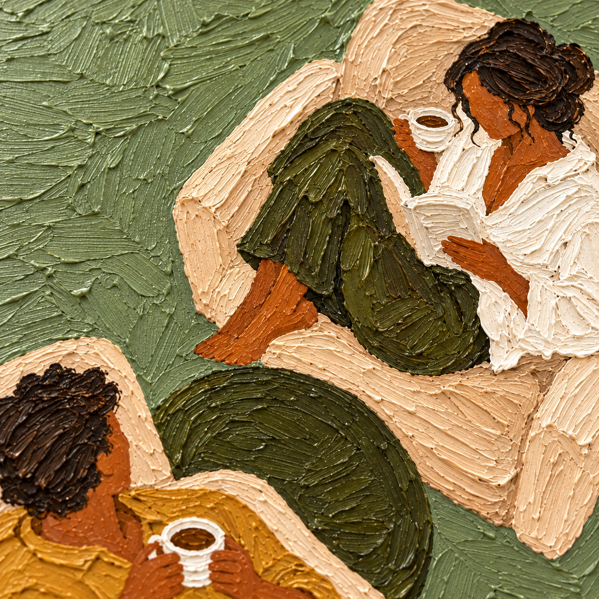 Sage Green Coffee Couple Painting, Original Textured Oil Art, Retro Figurative Canvas