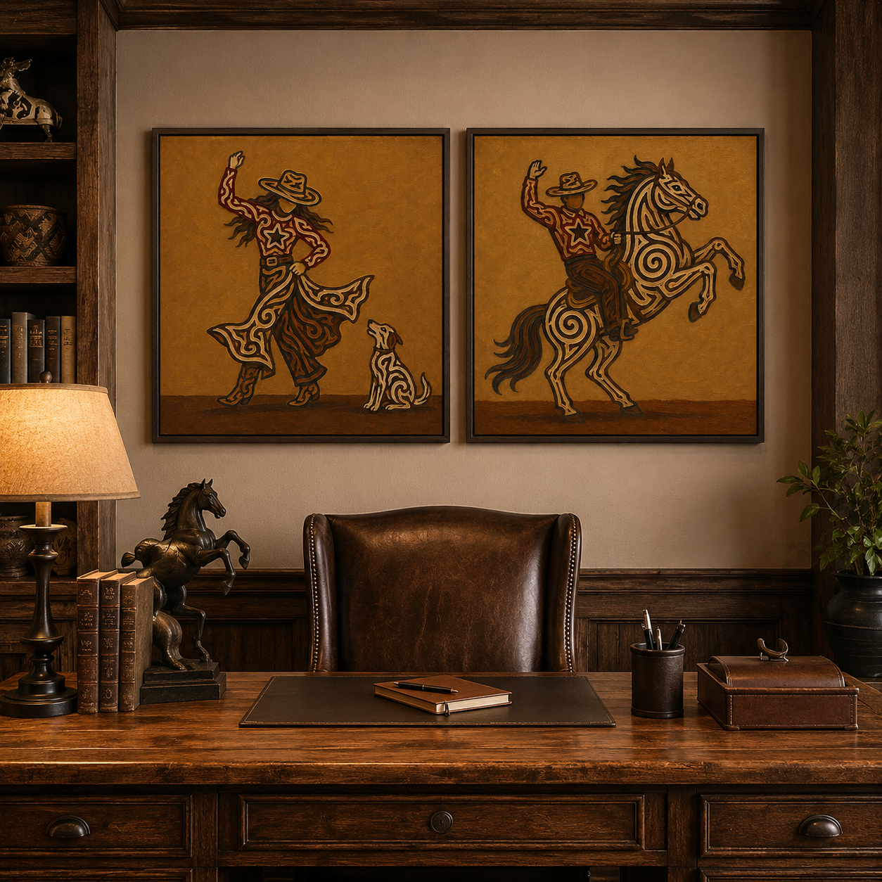 Cowboy Riding Horse Painting Rustic Western Cowgirl And Horse Set Of 2 Wall Art For Living Room