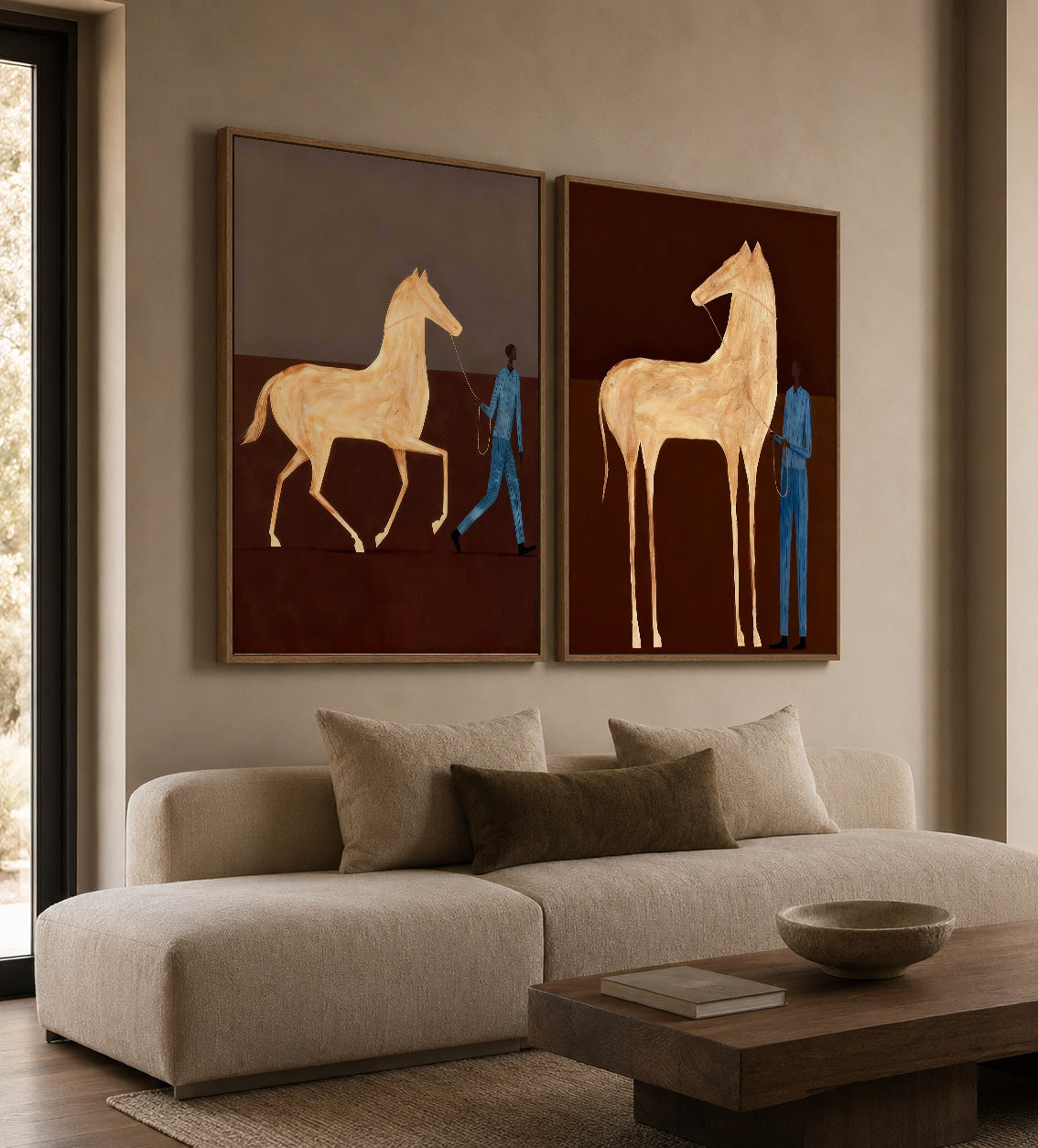 Vintage Brown Horse Painting Set With Blue Figure For Modern Home Decor