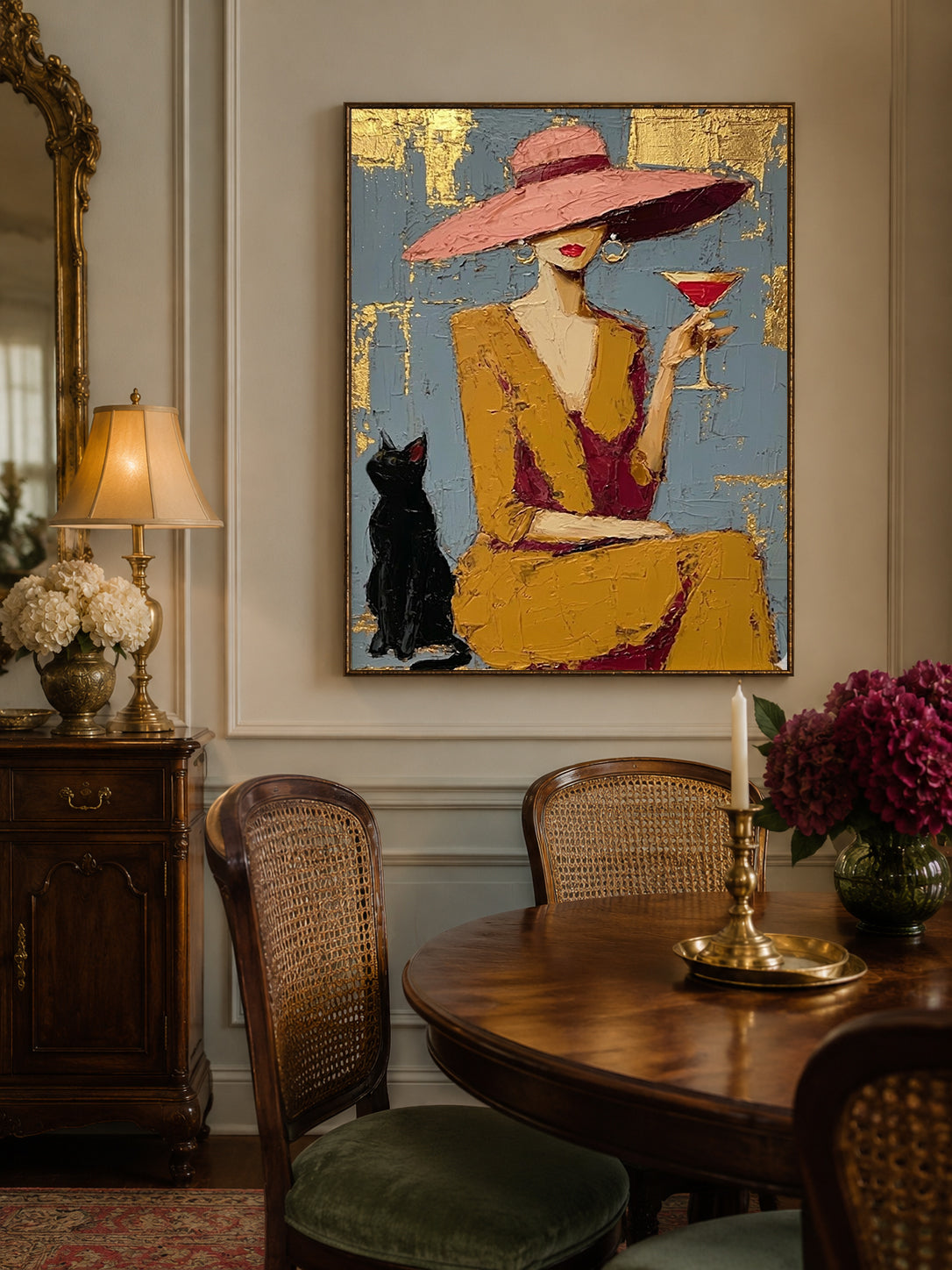 Elegant Lady With Black Cat Gold Foil Oil Painting For Bar Decor