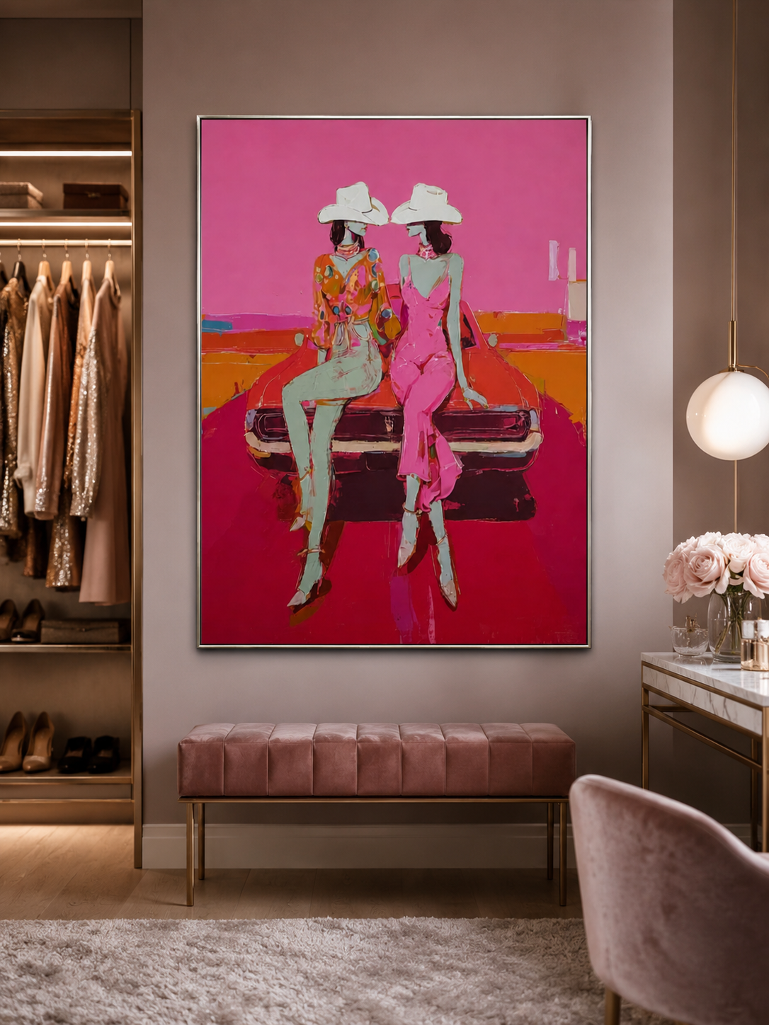 Vibrant Pop Art Painting Of Women In Cowboy Hats With Classic Car For Modern Living Room Wall Decor