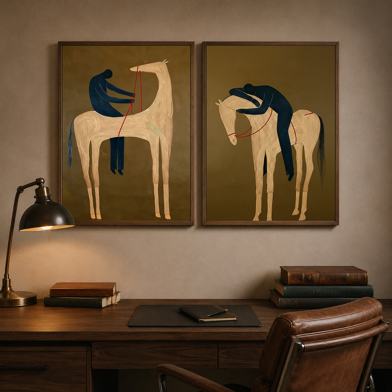 Original Equestrian Oil Painting Set Of Two With Green Background And Linear Horse Design