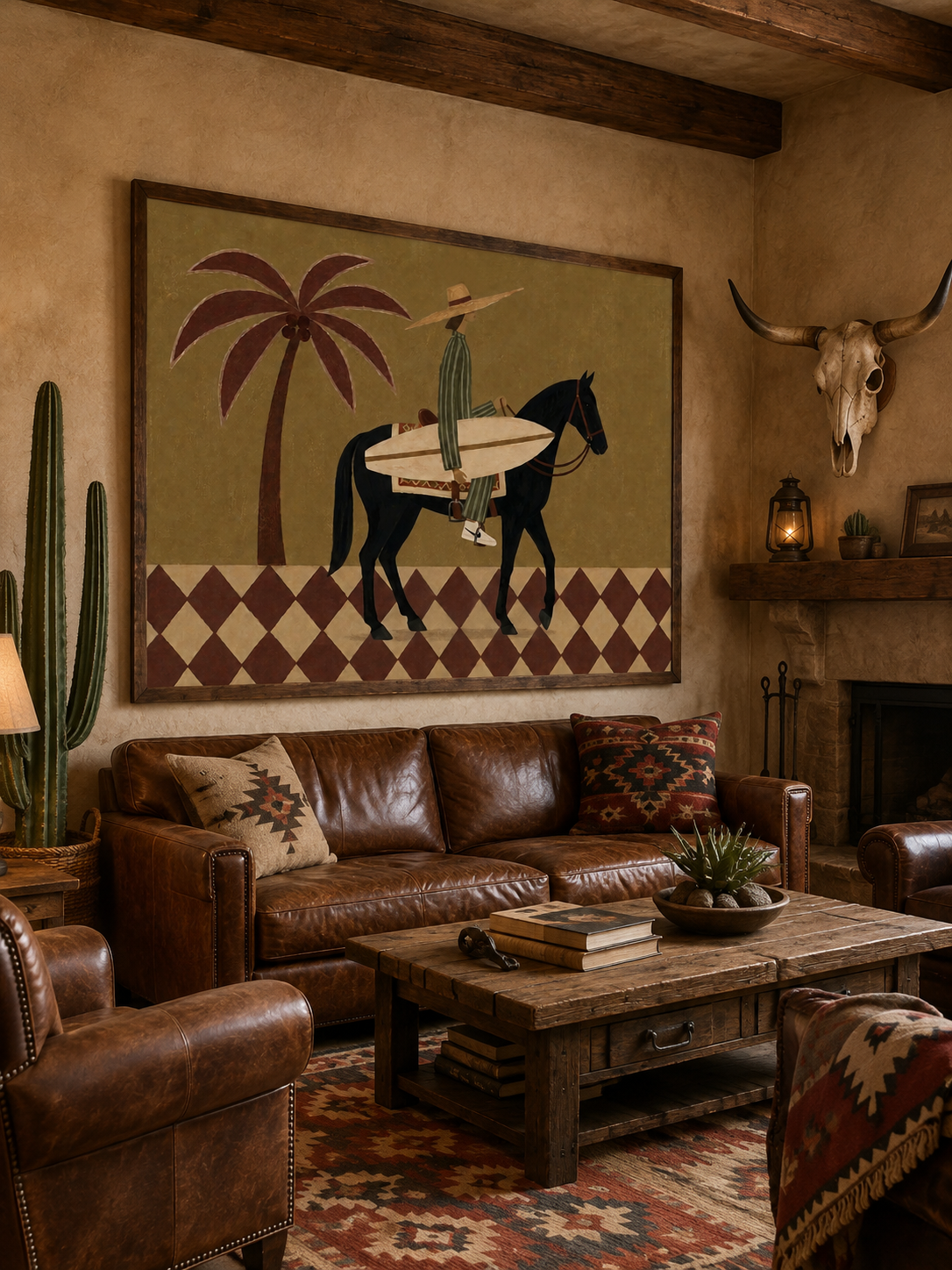 Olive Green Canvas Art With Diamond Floor Pattern And Rider Silhouette For Boho Chic Interior