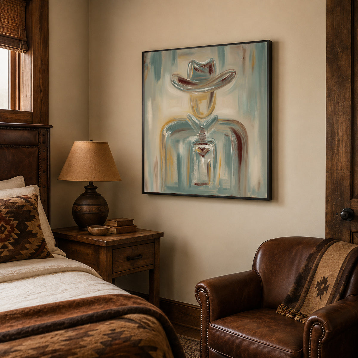 Abstract Cowboy Canvas Art, Terracotta Western Wall Decor,Neutral Rustic Artwork