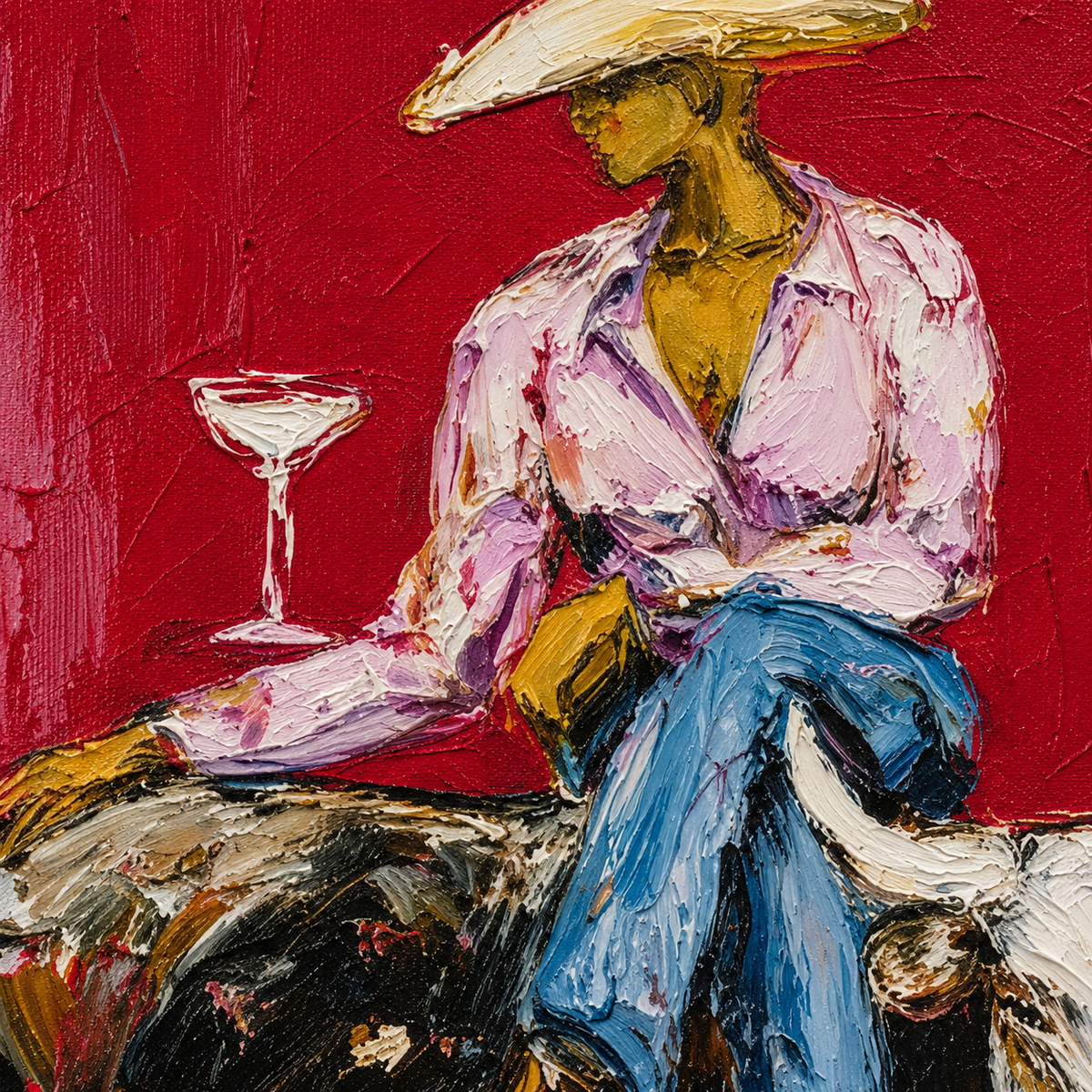 Cowgirl Wall Decor Cowgirl On Longhorn Hand-Painted Oil Painting In Deep Red | Western Wall Art
