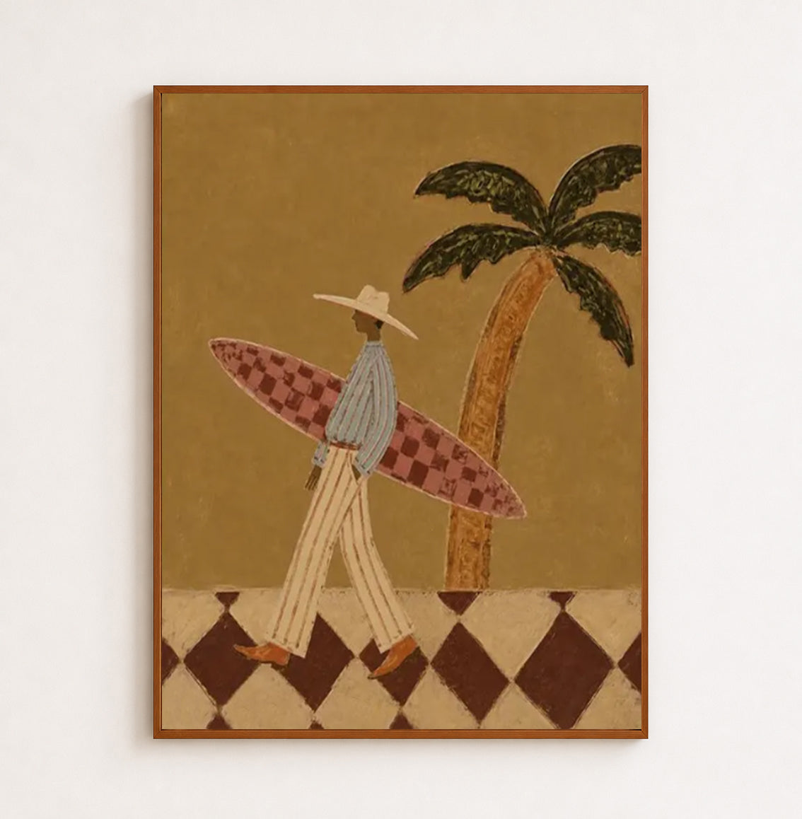 Vintage Surfer Painting With Checkerboard Board For Coastal Living Room Wall Art Decor