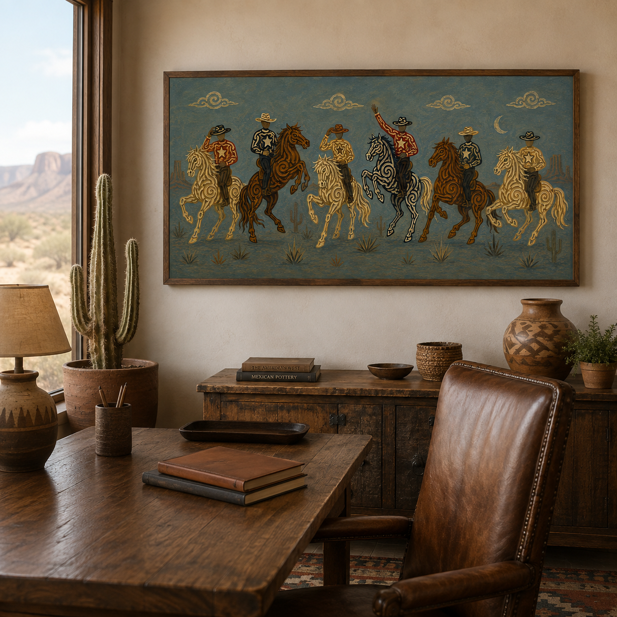 Blue Moon Cowboy Riders Painting, Panoramic Western Horse Art, Southwestern Desert Night Decor