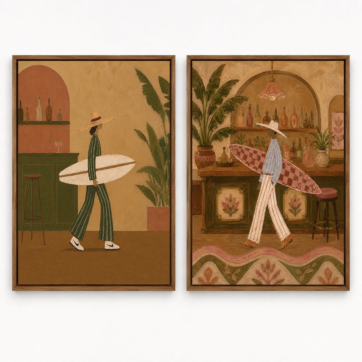 Retro Surfing And Bar Illustration Wall Art Set Of 2, Vintage Bohemian Aesthetic Canvas Painting For Living Room