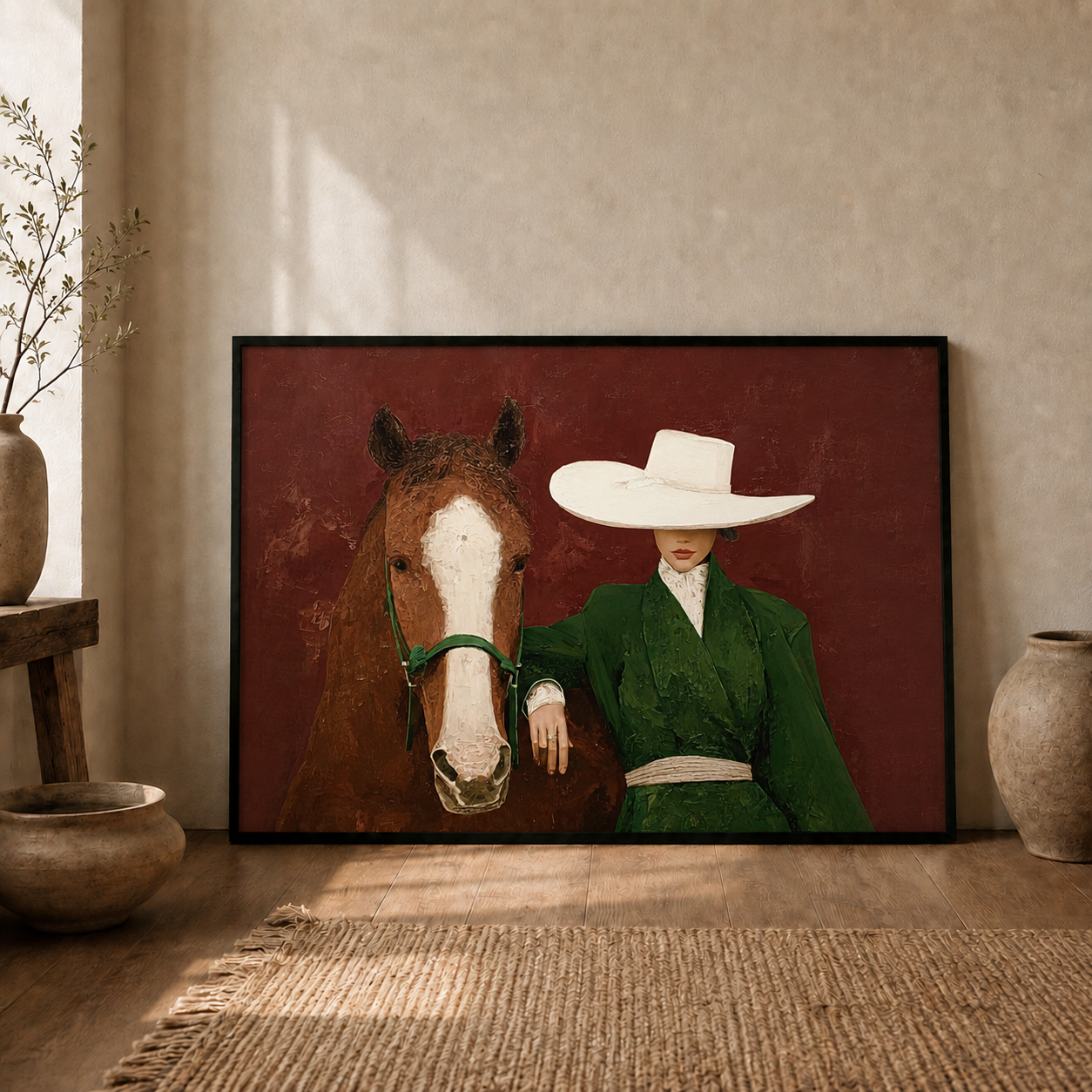 Elegant Woman With Horse Painting In Green Coat And Crimson Background For Living Room Decor