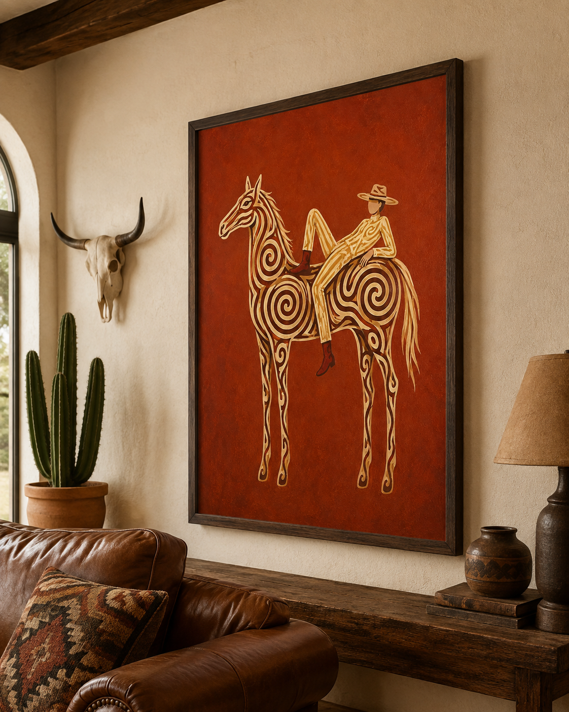 Neutral Earth Tone Cowgirl Wall Art, Terracotta Horse Canvas Art, Boho Western Home Decor