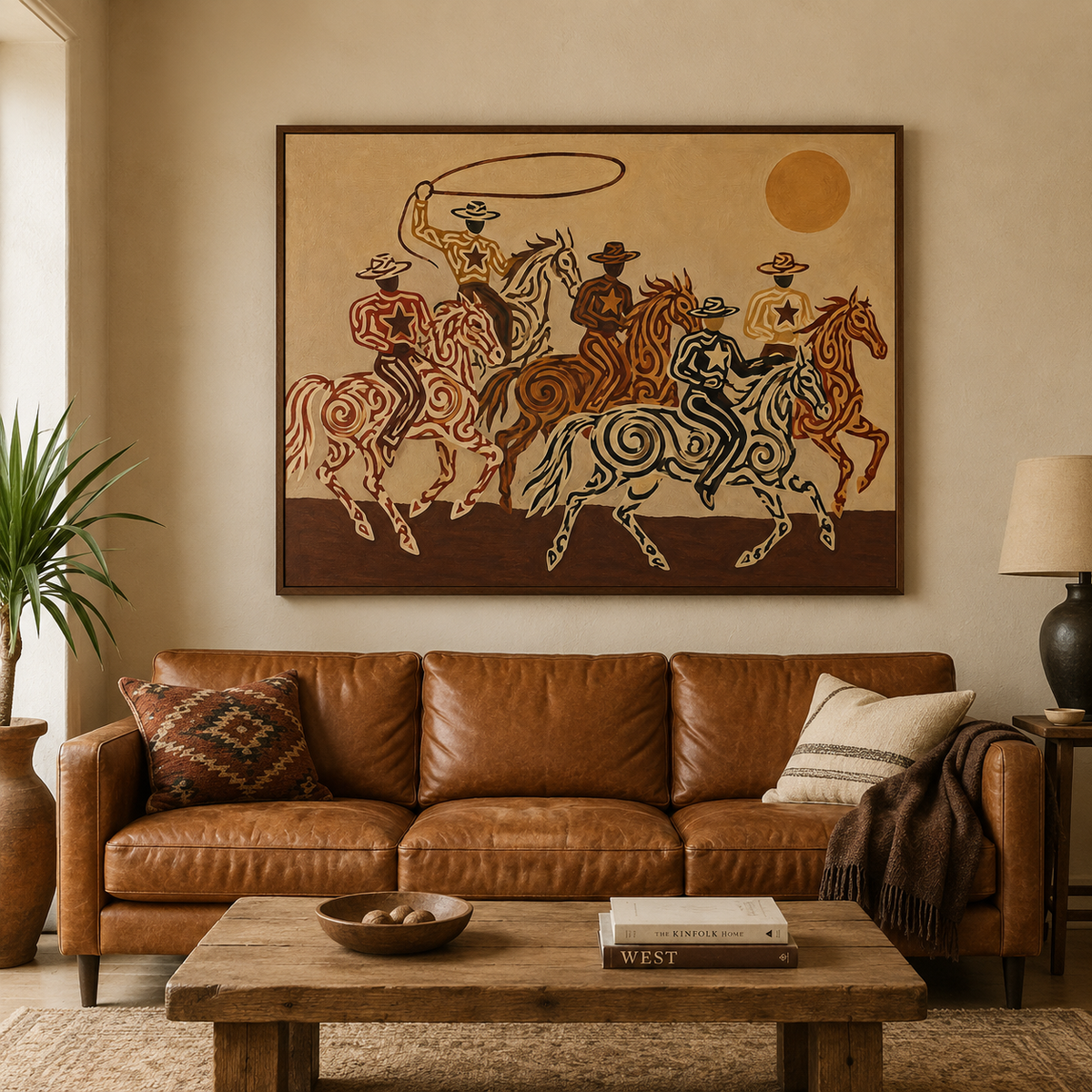 Cowboy And Horse Canvas Painting Hand-Painted Western Art In Brown Tones
