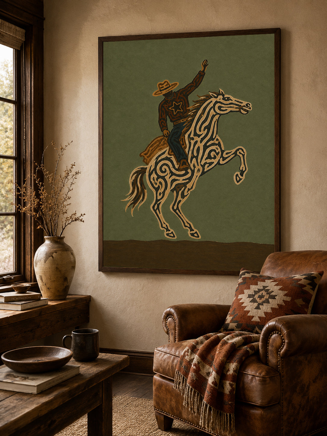Olive Green Wall Art Dynamic Cowboy Wall Art, Bucking Horse Painting, Wild West Equestrian Decor