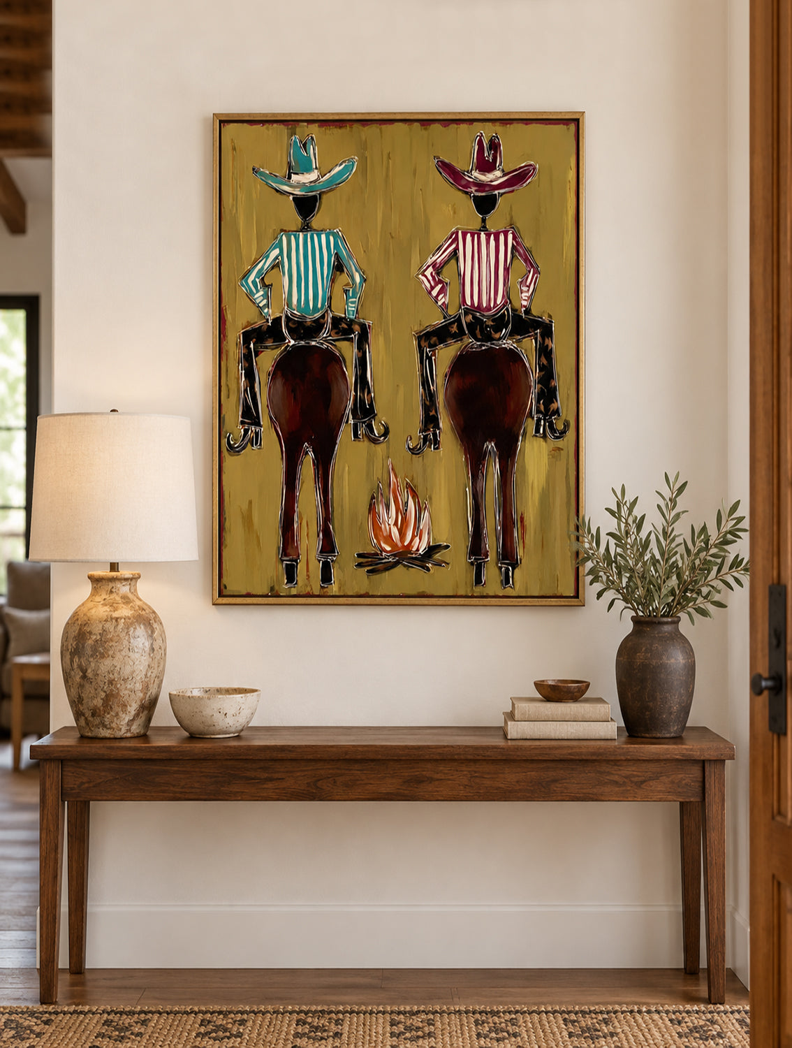 Hand-Painted Cowboy And Horse Canvas Painting With Campfire In Brown And Gold