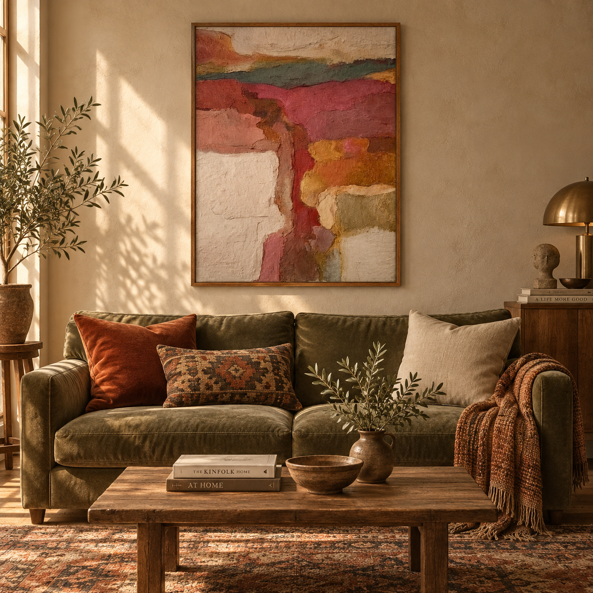 Abstract Earth Tone Canvas Painting With Textured Vintage Landscape Art
